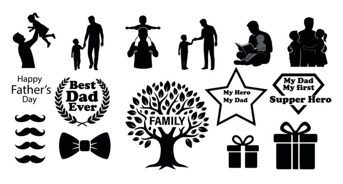  Father's Day silhouette elements set. Minimalist dad with son and daughter vectors, family tree, badges, and celebration icons isolated on white