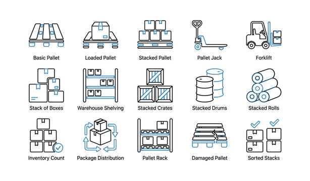Logistics and warehouse storage icons arranged in grid layout