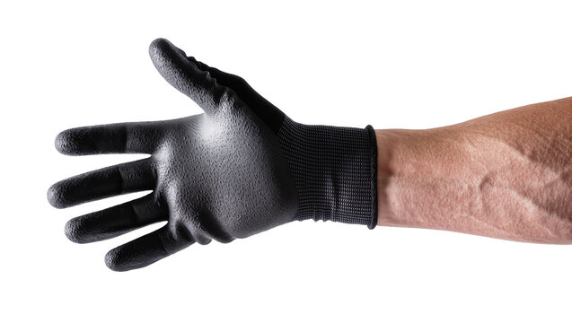 Isolated human hand in black protective work glove showing textured surface for grip