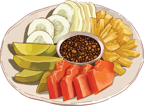 vector illustration of a fruit rujak with sliced papaya, sliced mago, sliced pineapple, sliced jicama, and slice cucumber