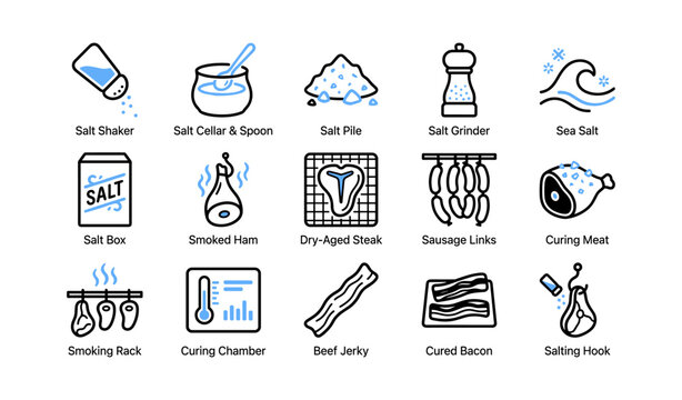 Icons of salt curing and meat preservation tools and foods
