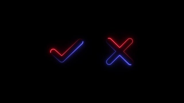 Tick or check mark and cross mark signs neon icon animation. right and wrong animated neon icons, False and true. accept and reject. neon right - 4k black background icon animation