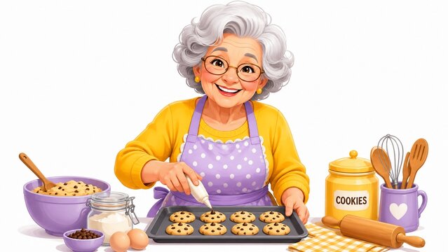 Smiling grandmother decorating fresh chocolate chip cookies in kitchen
