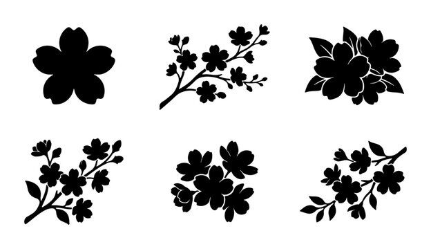 Black Cherry Blossom Vector Icons, Floral Branch Silhouettes, Spring Flower Elements