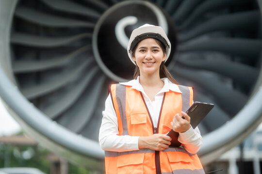 Smiling female engineer in safety vest and helmet holding a tablet in front of a large jet engine at an airport, showing aviation work, inspection, maintenance and travel industry.