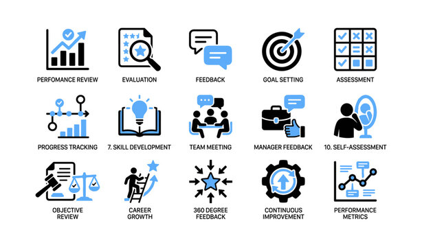 Performance review icons showing evaluation and development processes