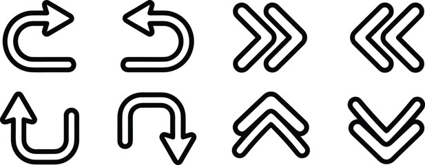 Thick line arrow icon set featuring u turn loop curves and double chevron directional pointers isolated on white background vector illustration © PUTUL