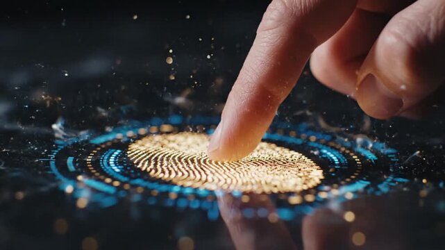 Human finger touching a glowing blue biometric fingerprint scanner on a high tech digital interface for secure authentication