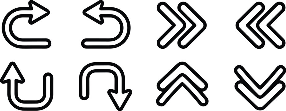 Thick line arrow icon set featuring u turn loop curves and double chevron directional pointers isolated on white background vector illustration