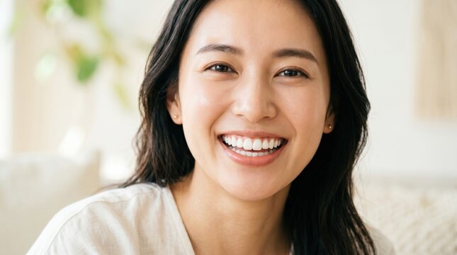 Close up portrait of a happy beautiful young Asian woman with perfect radiant skin and a bright white smile looking at the camera. Healthy dental hygiene, skincare, and wellness concept.