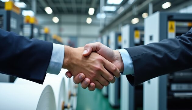 Two businessmen shake hands in factory. Men in suits agree on deal, forming partnership. Success in industry, handshake seals agreement at manufacturing plant.