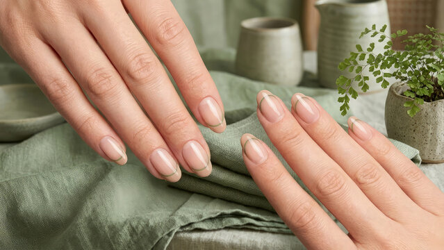Hands displaying a natural nail manicure with subtle metallic tips rest gently on a linen fabric surface near small ceramic cups and a green plant to evoke a sense of calm and organic lifestyle.