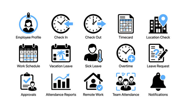 Employee attendance and leave icons for timekeeping interface
