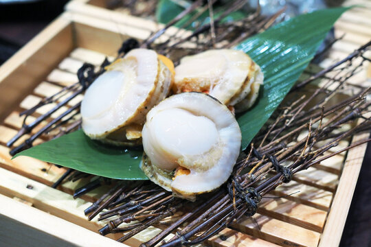 Fresh hotate or shell on wooden tray ready to put in shabu (hot pot). Hot pot, shabu or sukiyaki or Japanese hot pot over induction cooker.
