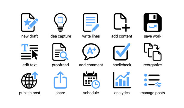 Content icons displaying writing and publishing tools on white
