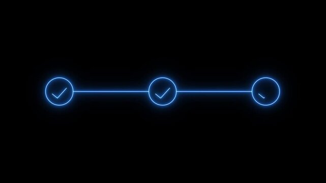 neon 3 step infographic process with check mark icon. infographic step by step process icon animation on black background, step process success with check - 4k black background icon animation