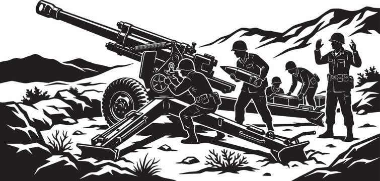 Military soldiers operating a heavy artillery field cannon in a war zone landscape isolated on transparent background, Vector