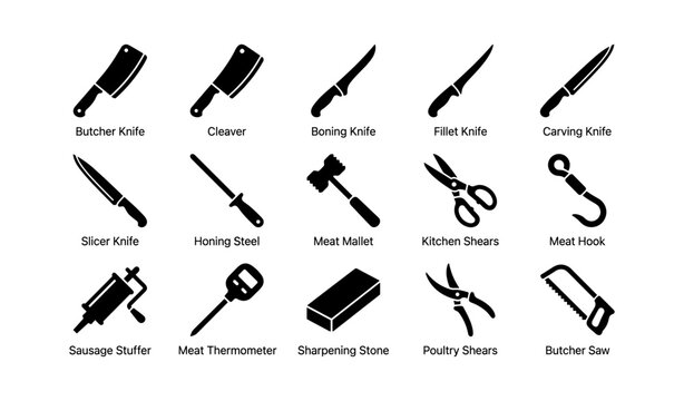 Butchery tools arranged in labeled grid on white background