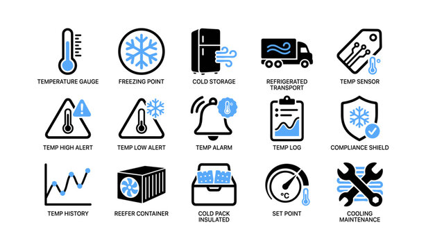 Temperature and cold chain icons arranged in labeled grid layout