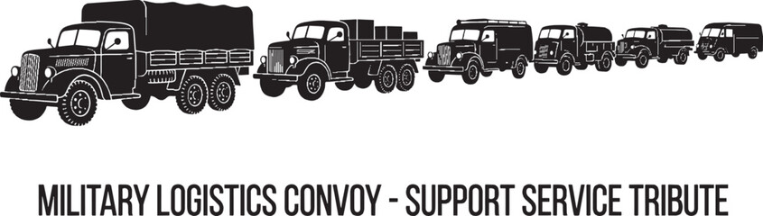 Obraz premium Military logistics convoy of vintage army trucks driving in a line representing support service and supply transport tribute isolated on transparent background, Vector