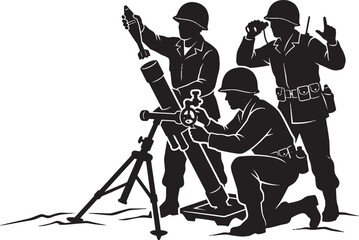 Obraz premium Silhouette of three soldiers operating a mortar weapon system in a military combat training scenario isolated on transparent background, Vector