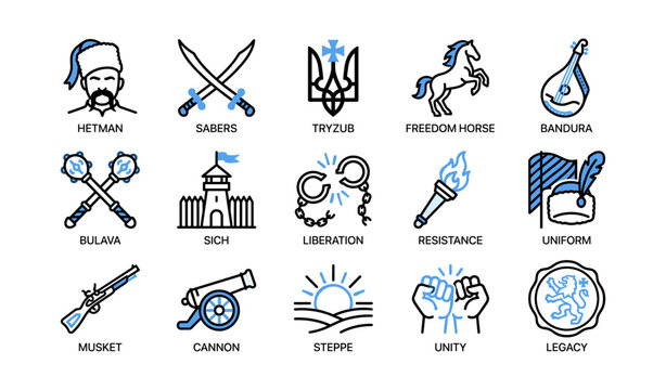 Historical symbols and military icons in grid on white