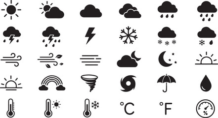 Naklejka premium Detailed collection of black weather forecast vector icons showcasing various atmospheric conditions for meteorological website interface design and mobile applications