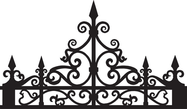Black decorative iron fence topper with vintage scroll work and metal spikes design isolated on transparent background, Vector