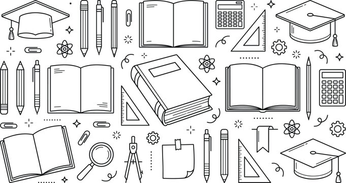 Education school supplies seamless horizontal pattern with books graduation cap pencils calculators rulers and magnifying glass line icon vector illustration