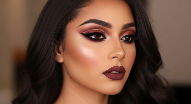 Close up portrait of woman with dramatic eye makeup and dark lips