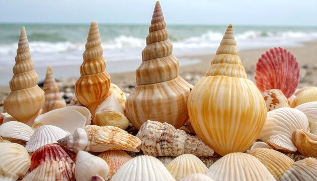 Assorted Seashells Arranged on a Sandy Beach with Gentle Ocean Waves in the Background