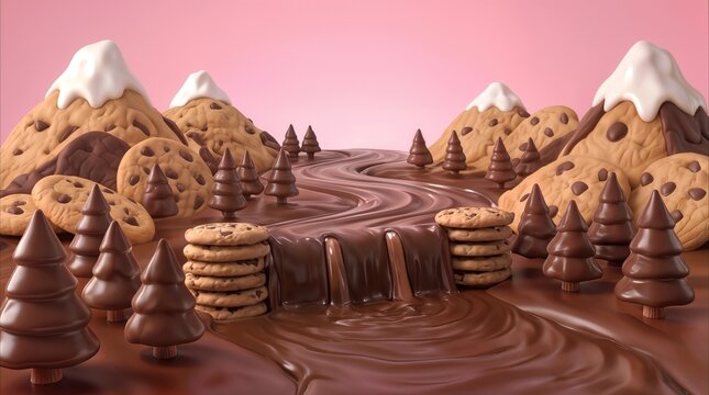 Dessert landscape featuring a river of melted chocolate flowing through mountains made of chocolate chip cookies. Sweet fantasy world with edible trees and icing snow.
