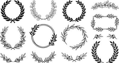 Laurel wreath collection featuring olive branch frames dividers and circular floral borders for wedding decoration certificates isolated vector illustration © PUTUL