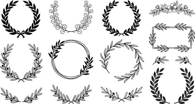 Laurel wreath collection featuring olive branch frames dividers and circular floral borders for wedding decoration certificates isolated vector illustration