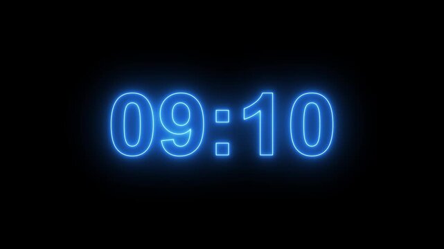 glowing neon 10 minute Countdown. neon 10 to 09 minute Countdown timer on black background. neon Countdown timer from 15 minute to 14 minute suitable for presentations, educational.