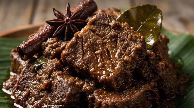 Authentic Indonesian Beef Rendang on Banana Leaf with Spices