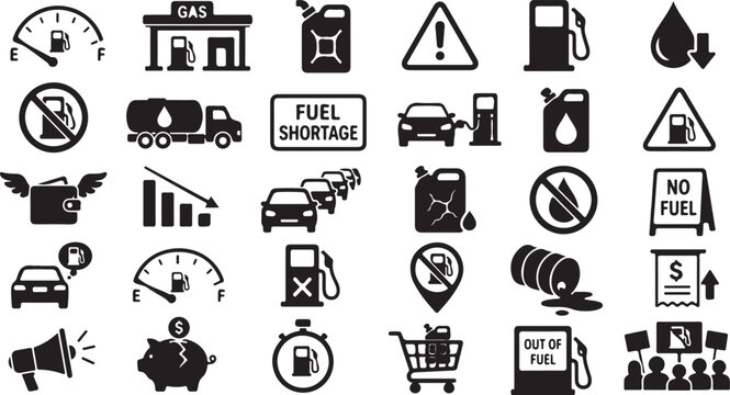 Black and white vector graphic illustration depicting various fuel shortage icons including gas pumps cars cans and warning signs symbols