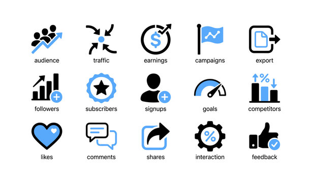 Social media analytics icons showing metrics and engagement symbols
