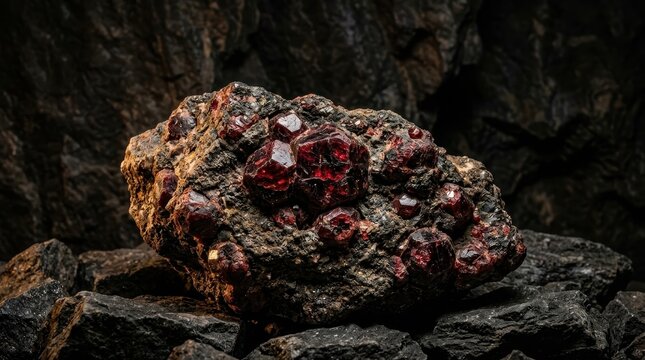 Dazzling red garnet crystals clustered on a dark mineral matrix