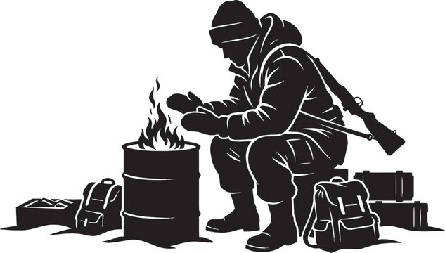 Silhouette of a man sitting and warming hands by a burning metal barrel fire isolated on transparent background, Vector