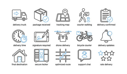Fototapeta premium Delivery and courier icons illustrating logistics on white background