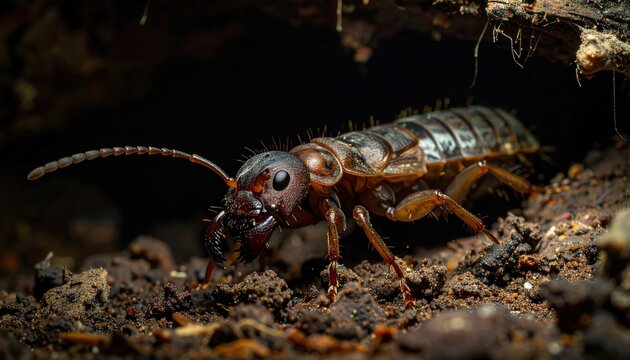 Detailed Close-up of an Earwig Investigating Dark Enclosed Space
