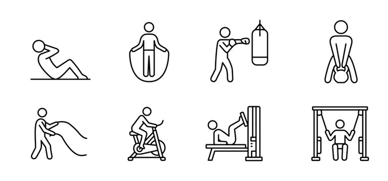 Exercise icon fitness icon gym icon workout icon stick figure line art set pictogram simple black outline collection showing abdominal crunch jump rope punching bag kettlebell battle rope bicycle