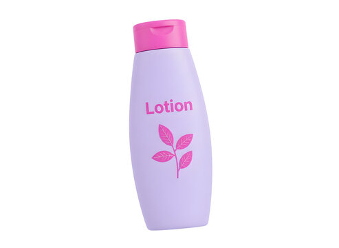 A white bottle with pink cap and leaf design for lotion product on black
