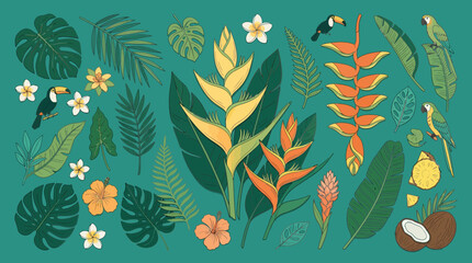 Tropical Leaves, Flowers, Toucans, Parrots, and Coconut on Teal Background © Nur