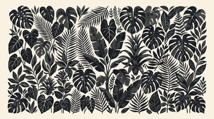 Monochromatic Tropical Leaves Pattern, Exotic Botanical Foliage Design © Nur