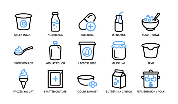Yogurt and dairy icons arranged in grid on white background
