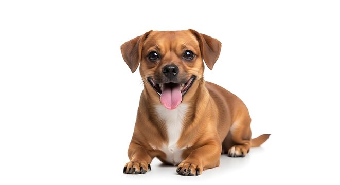 Happy mixed breed dog sitting with tongue out on white background