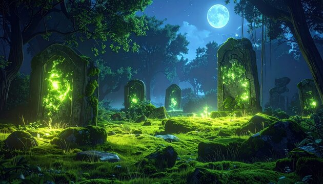 Ancient glowing moss-covered ruins in a moonlit enchanted forest