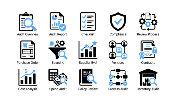 Procurement and audit icons showing supplier workflows grid